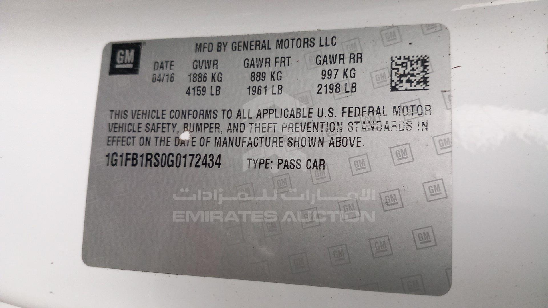 2016 CHEVROLET CAMARO VIN: 1G1FB1RS0G0172434