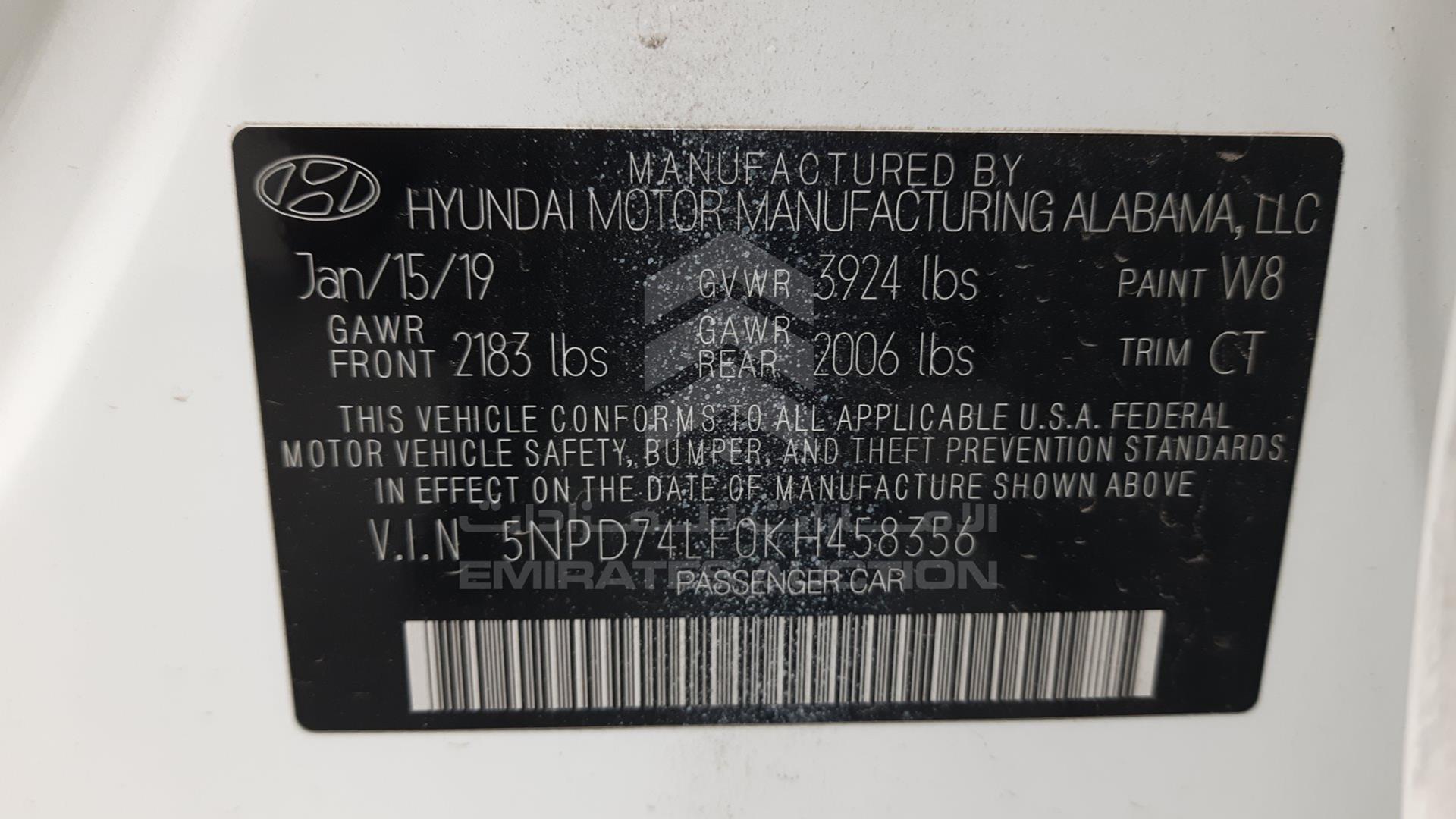 2019 HYUNDAI ELANTRA VIN: 5NPD74LF0KH458356
