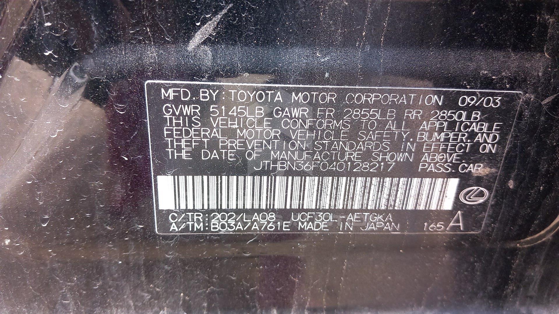 2004 LEXUS LS 430 VIN: JTHBN36F040128217