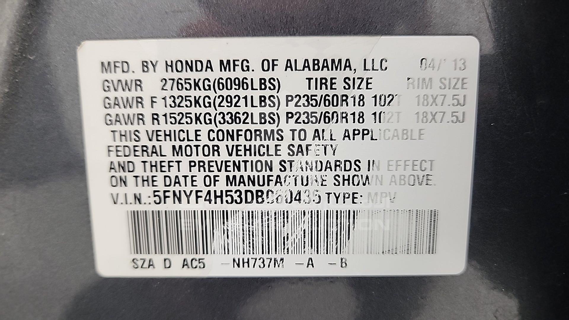 2013 HONDA PILOT VIN: 5FNYF4H53DB060435