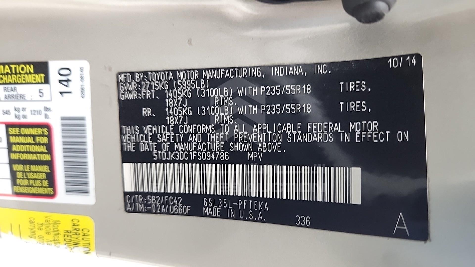 2015 TOYOTA SIENNA VIN: 5TDJK3DC1FS094786
