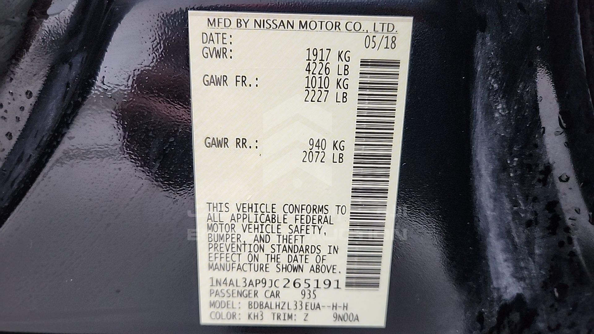 2018 NISSAN ALTIMA VIN: 1N4AL3AP9JC265191