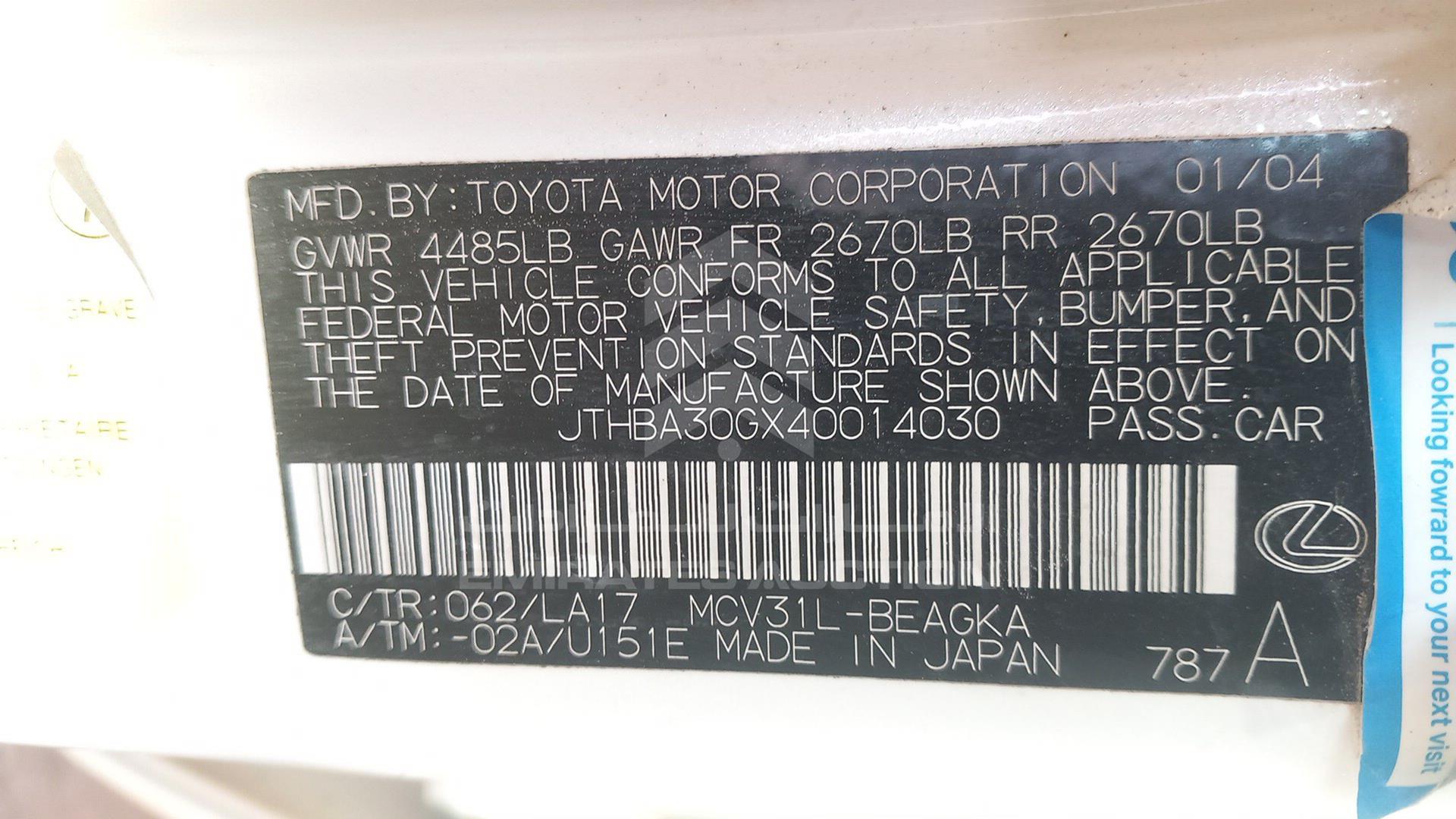 2004 LEXUS ES 330 VIN: JTHBA30GX40014030