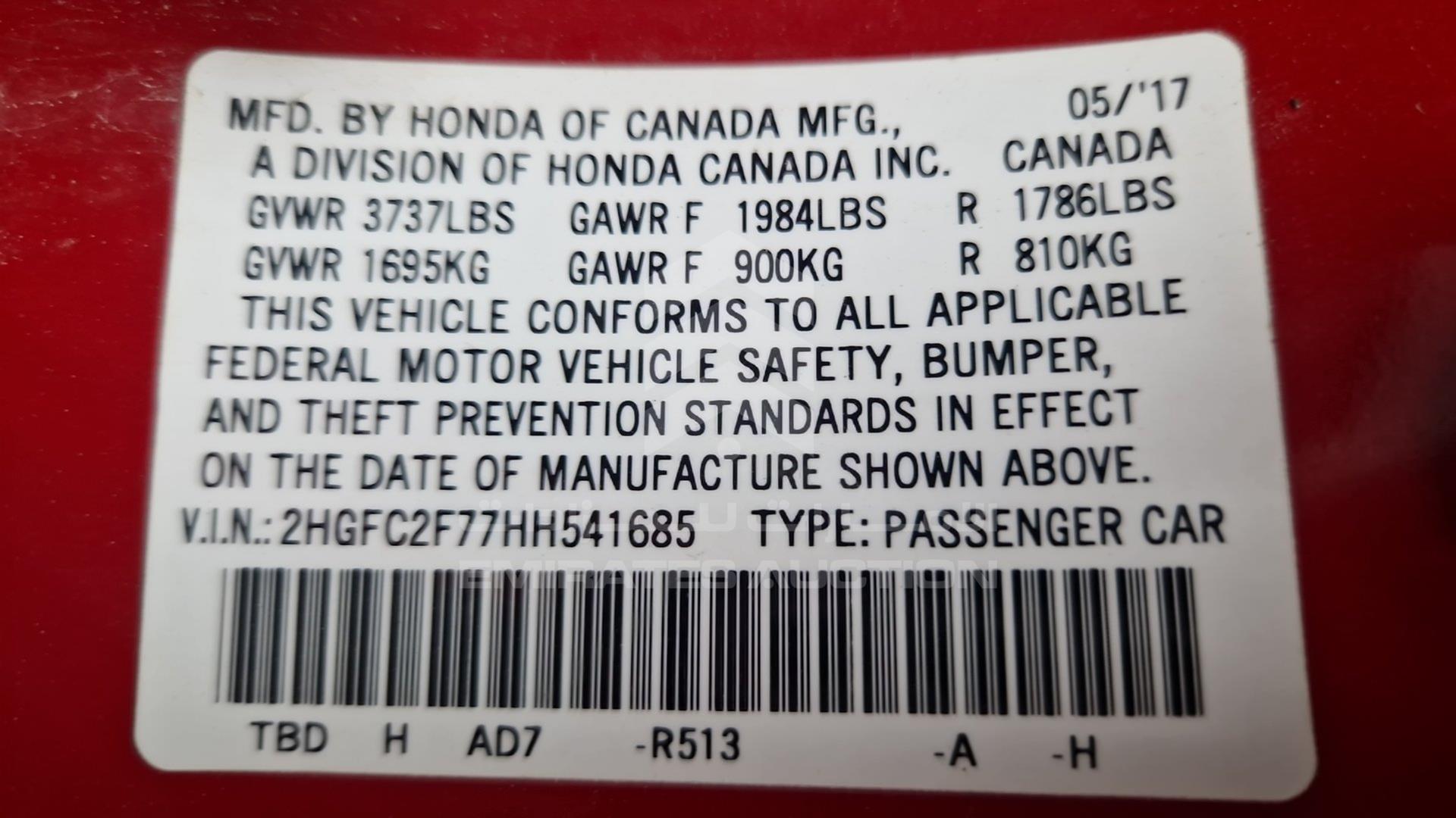 2017 HONDA CIVIC VIN: 2HGFC2F77HH541685
