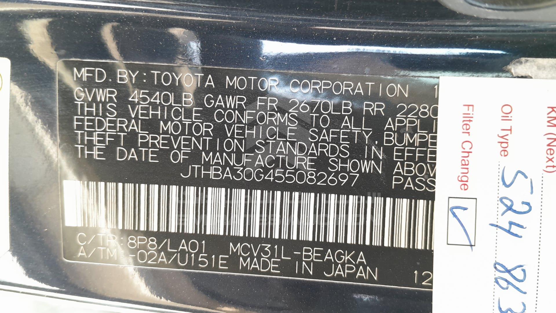 2005 LEXUS ES 330 VIN: JTHBA30G455082697