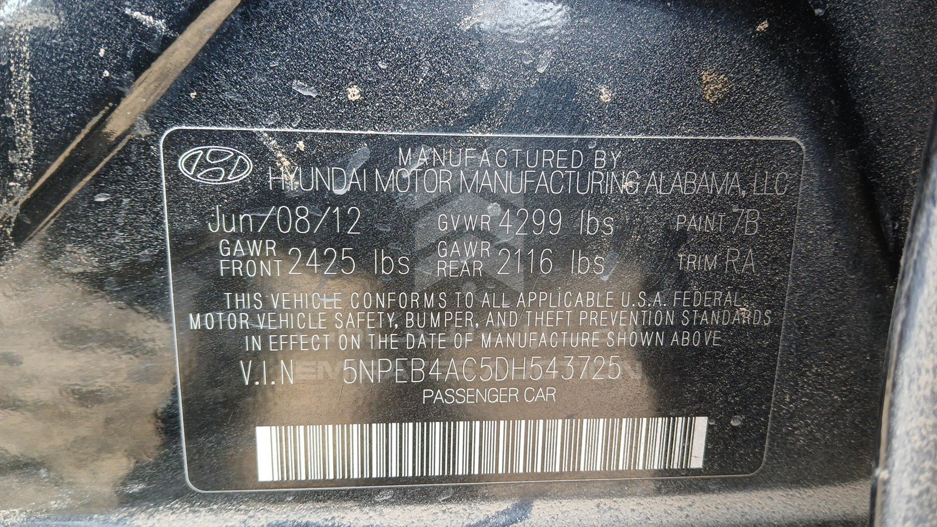 2013 HYUNDAI SONATA VIN: 5NPEB4AC5DH543725