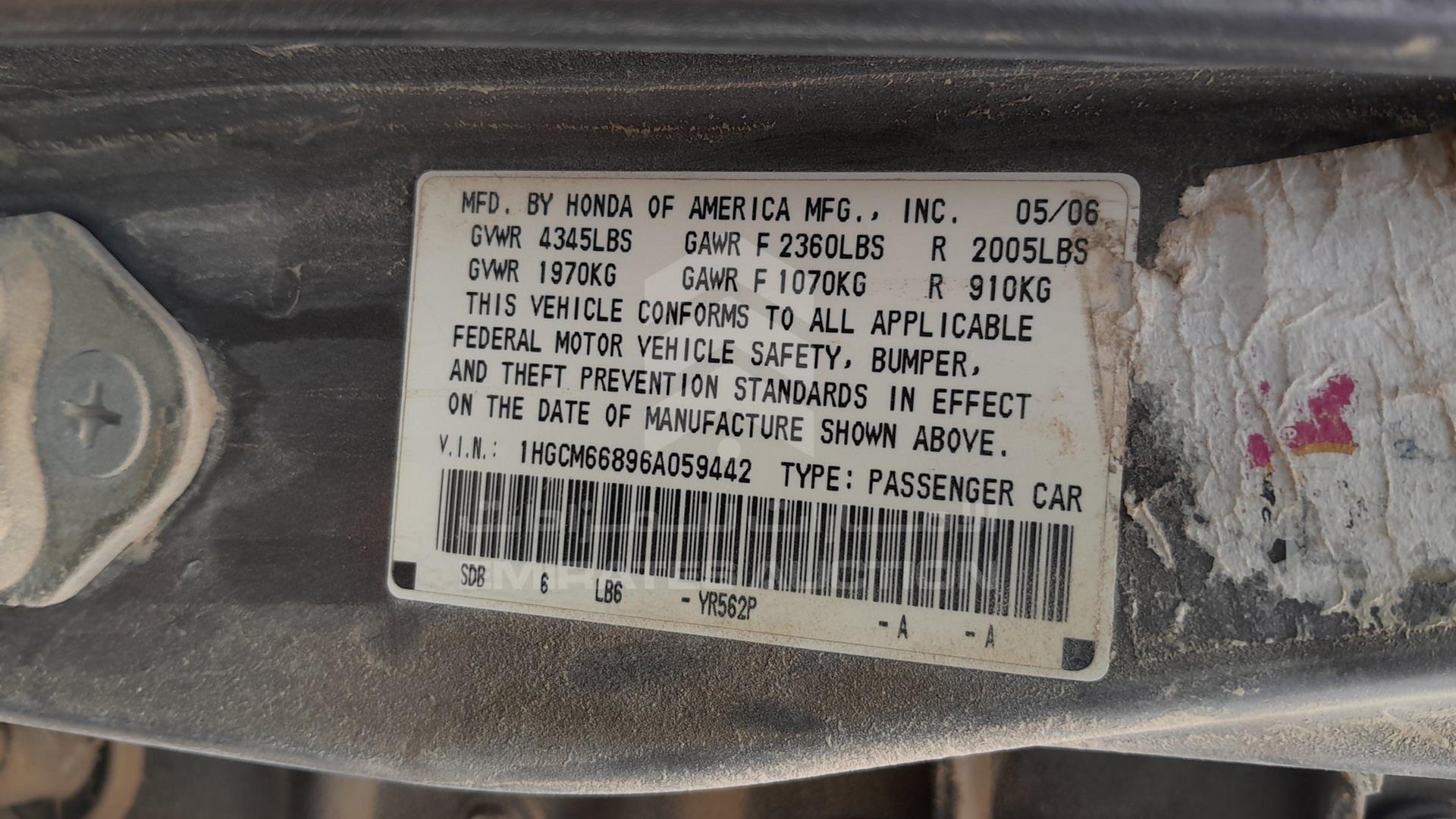 2006 HONDA ACCORD VIN: 1HGCM66896A059442