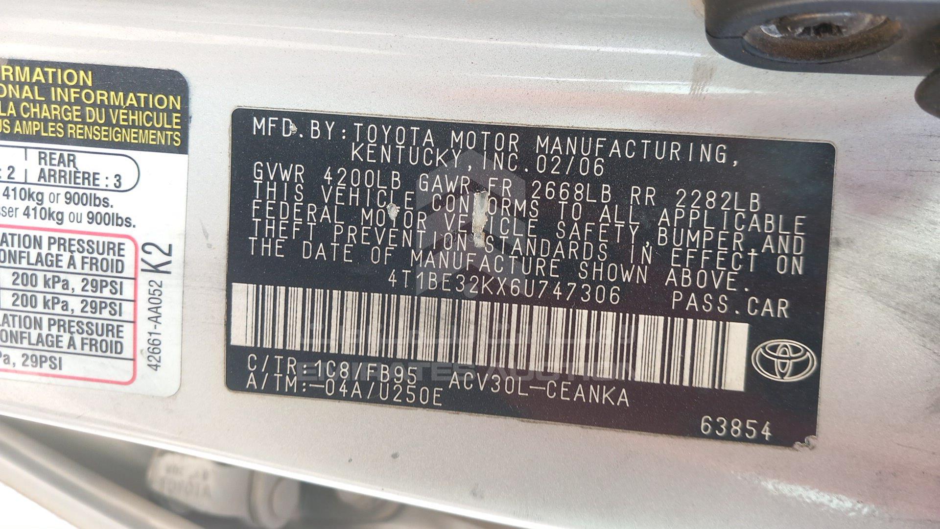 2006 TOYOTA CAMRY VIN: 4T1BE32KX6U747306