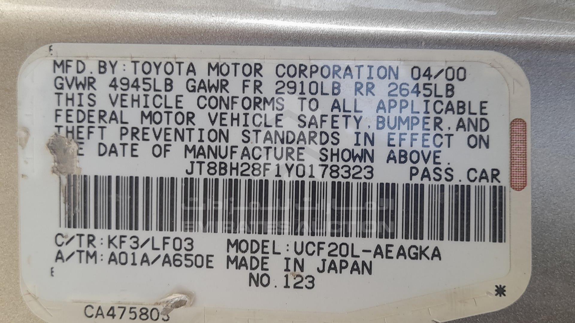 2000 LEXUS LS400 VIN: JT8BH28F1Y0178323