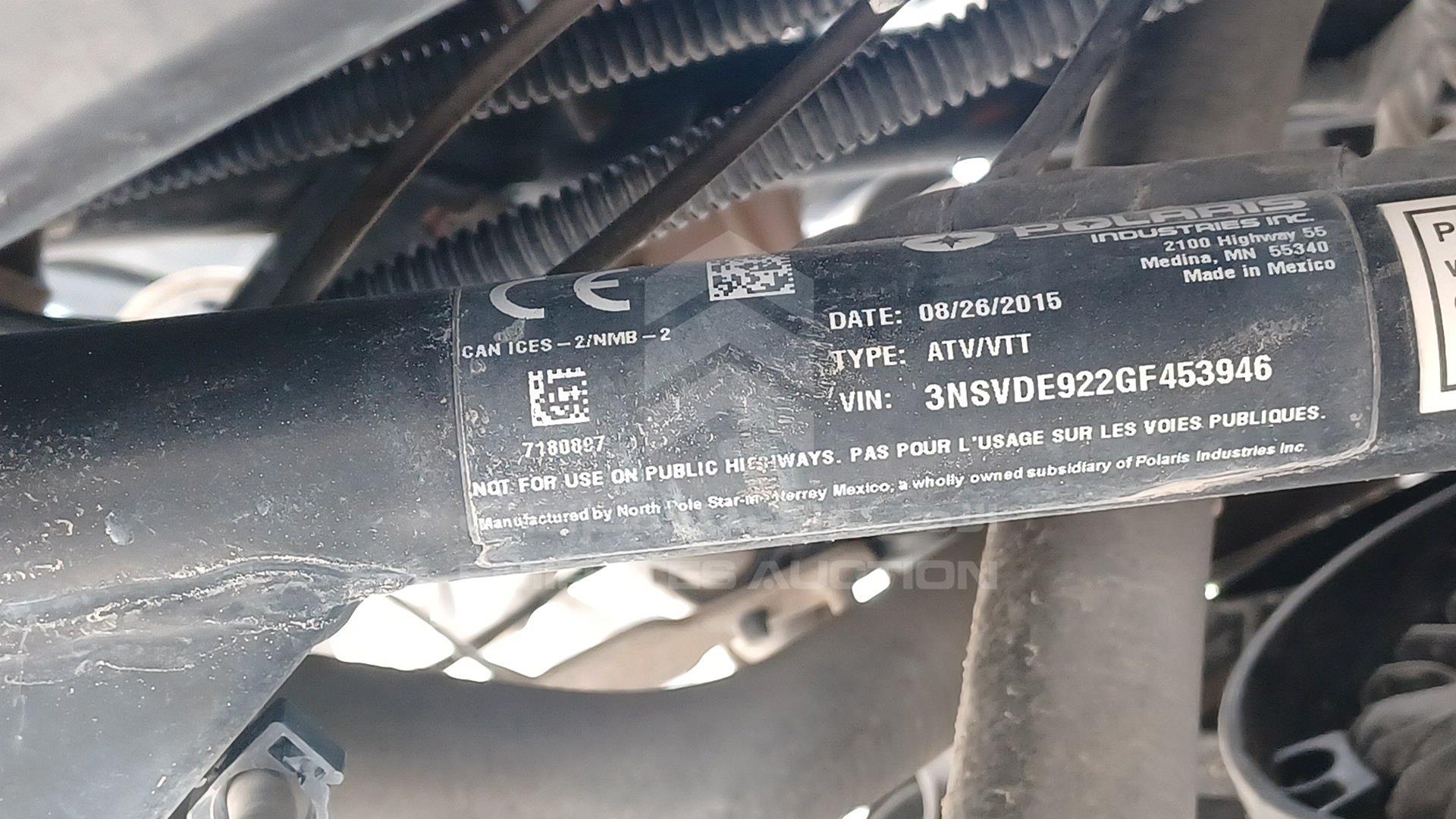 2016 POLARIS RZR VIN: 3NSVDE922GF453946