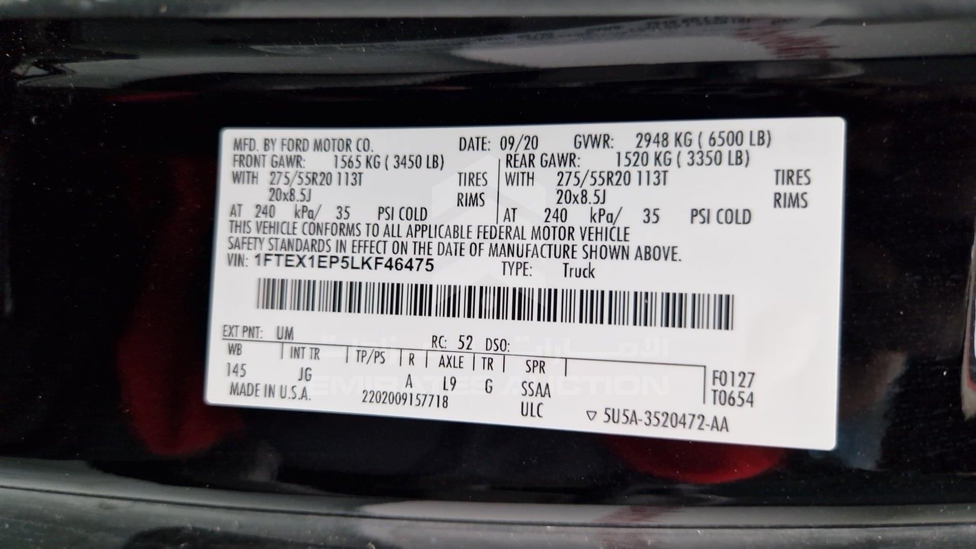 2020 FORD F-150 VIN: 1FTEX1EP5LKF46475