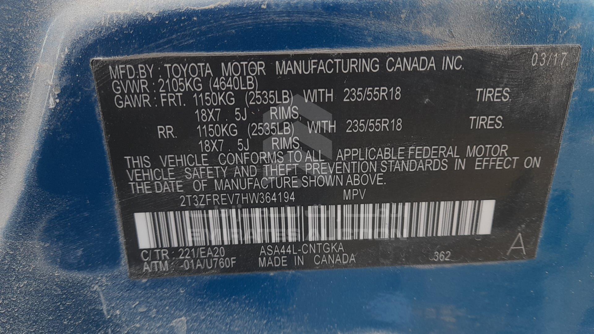 2017 TOYOTA RAV-4 VIN: 2T3ZFREV7HW364194