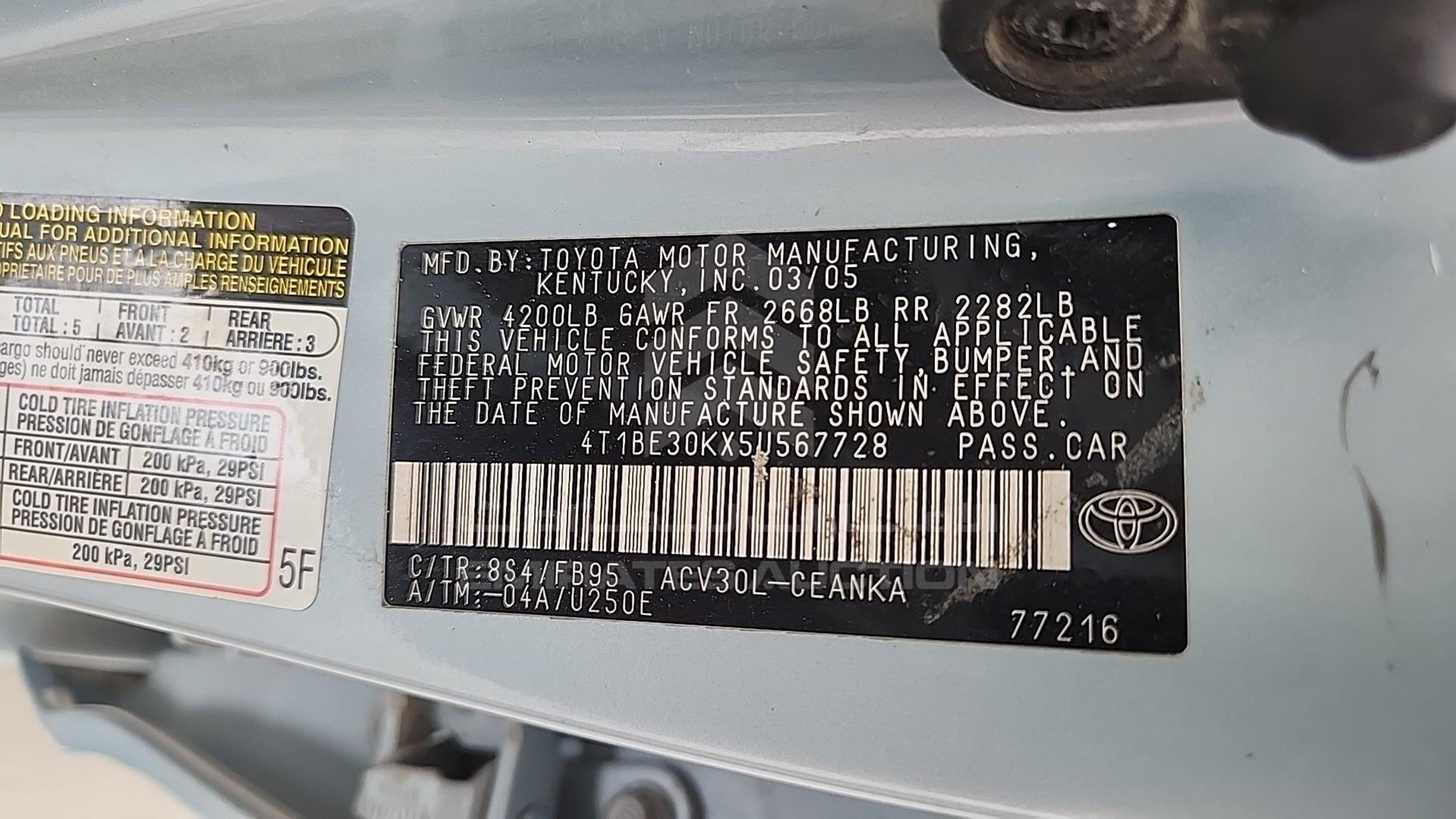 2005 TOYOTA CAMRY VIN: 4T1BE30KX5U567728