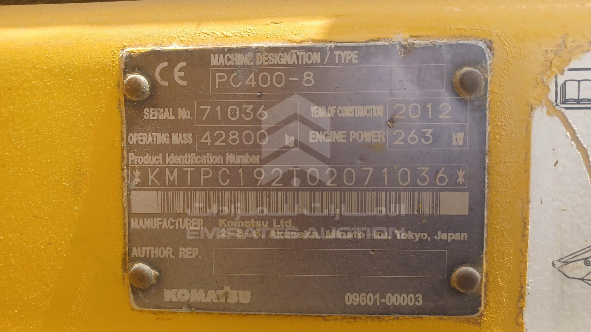 2012 KOMATSU PC400-8 VIN: KMTPC192T02071036