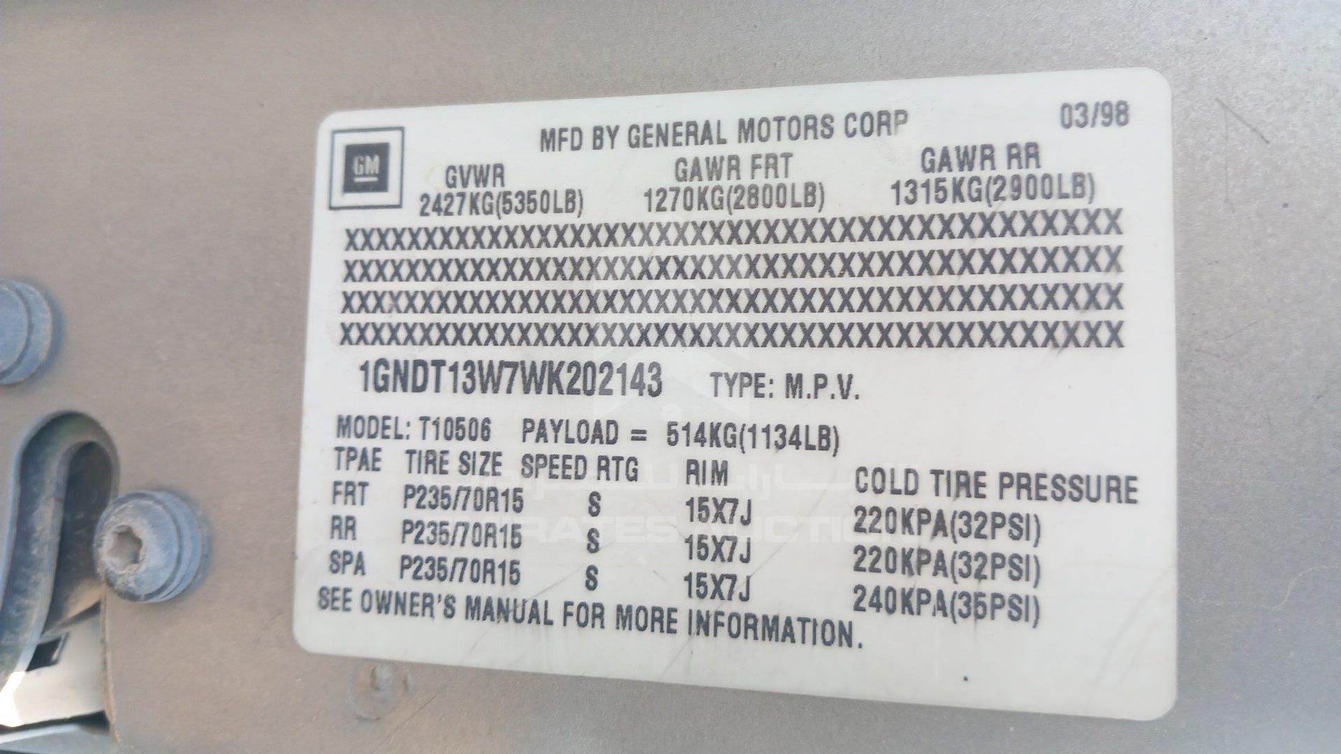 1998 CHEVROLET BLAZER VIN: 1GNDT13W7WK202143