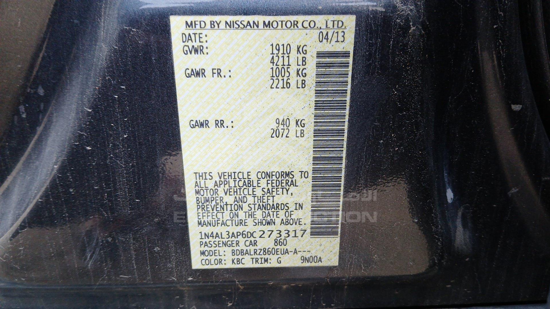 2013 NISSAN ALTIMA VIN: 1N4AL3AP6DC273317
