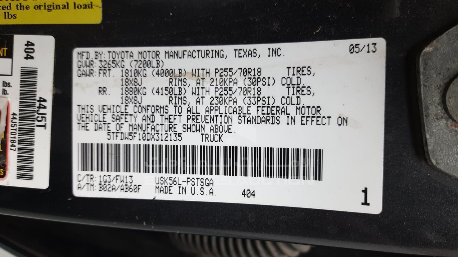 2013 TOYOTA TUNDRA VIN: 5TFDW5F10DX312135