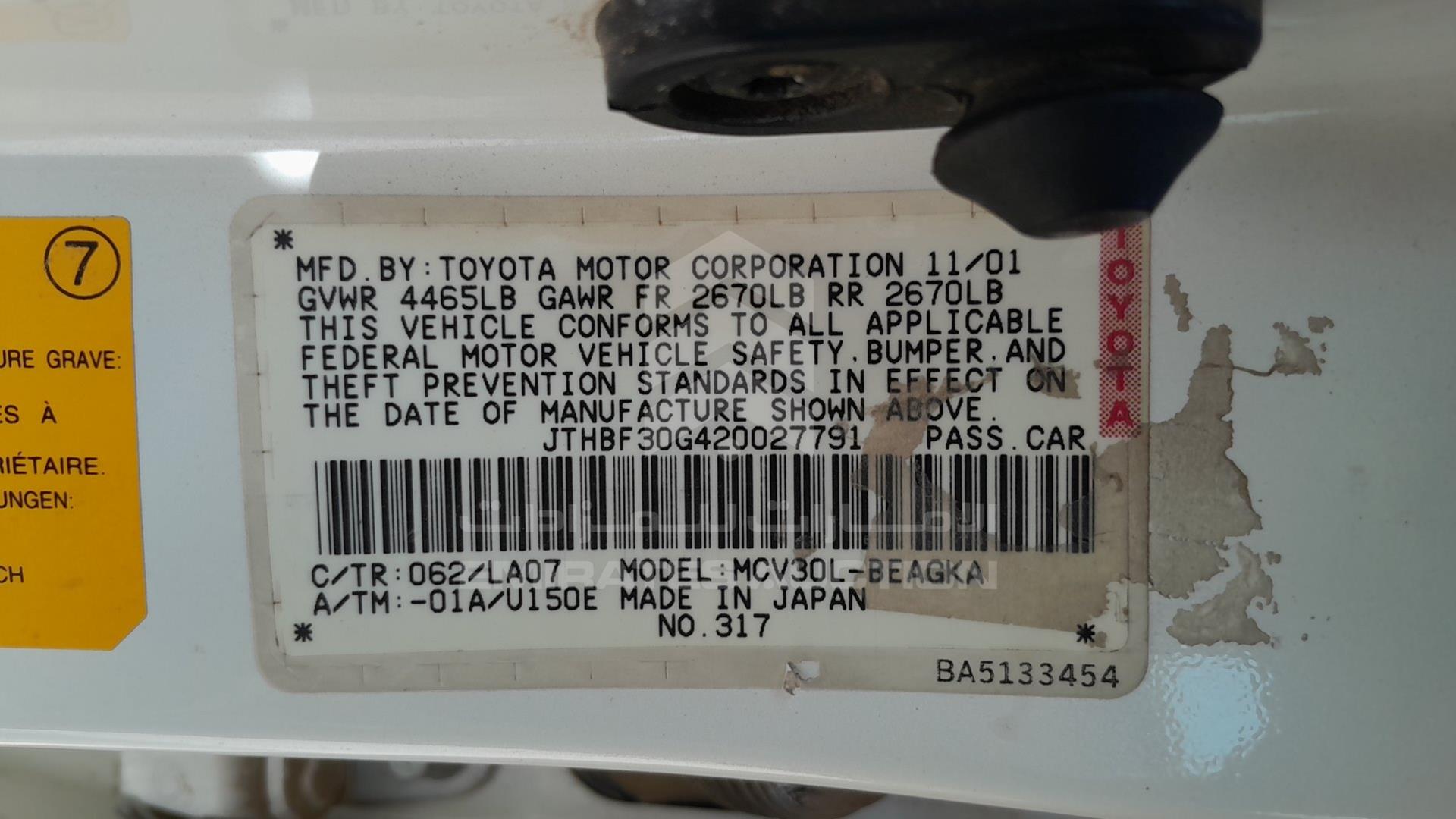 2002 LEXUS ES 300 VIN: JTHBF30G420027791