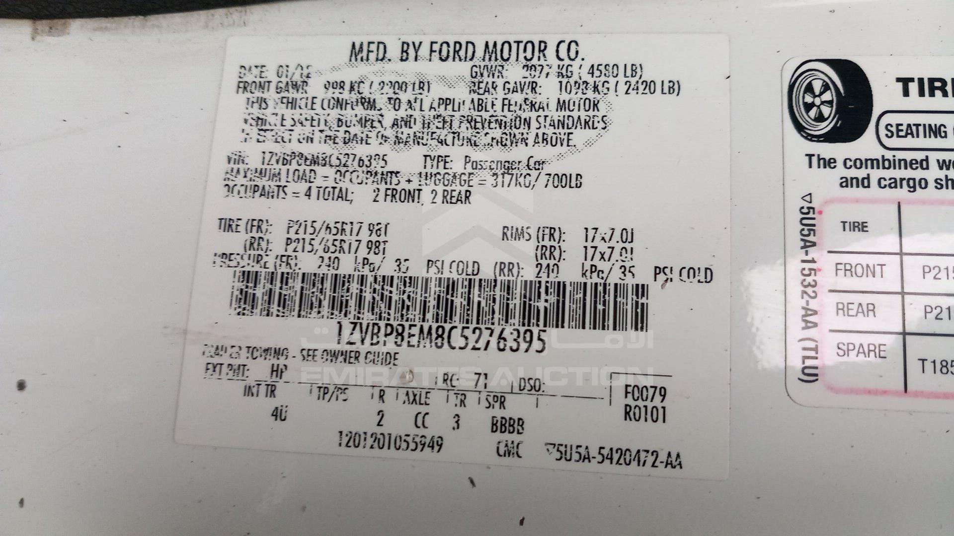 2012 FORD MUSTANG VIN: 1ZVBP8EM8C5276395