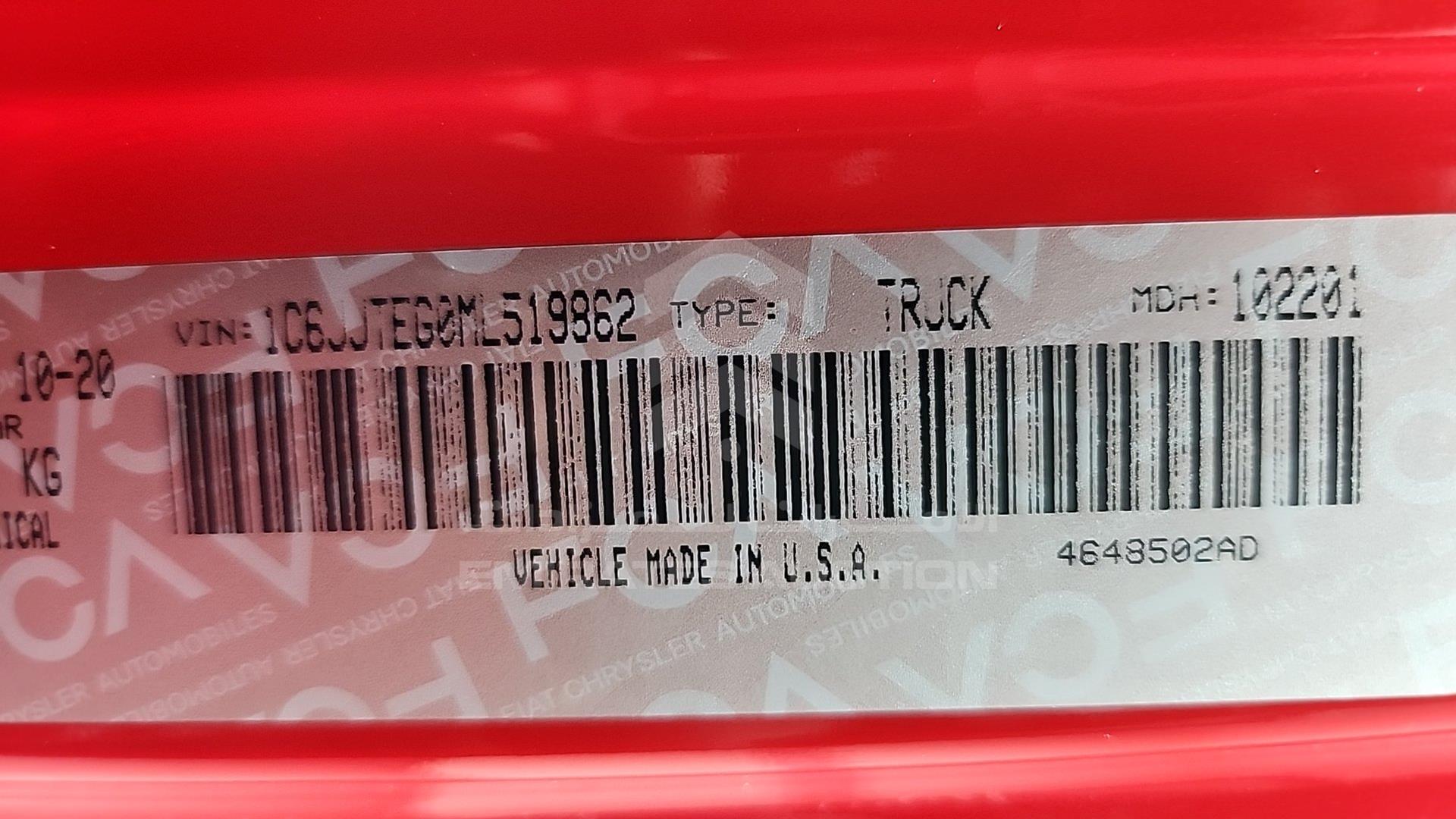 2021 JEEP GLADIATOR VIN: 1C6JJTEG0ML519862
