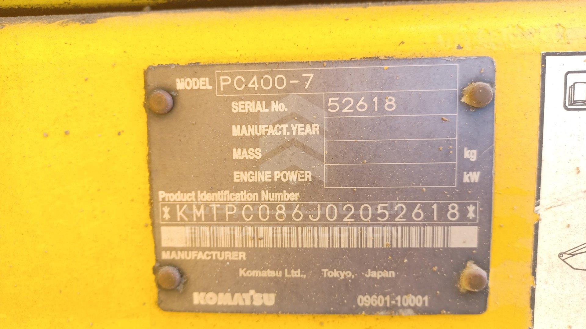 2013 KOMATSU PC400-7 VIN: KMTPC086J02052618