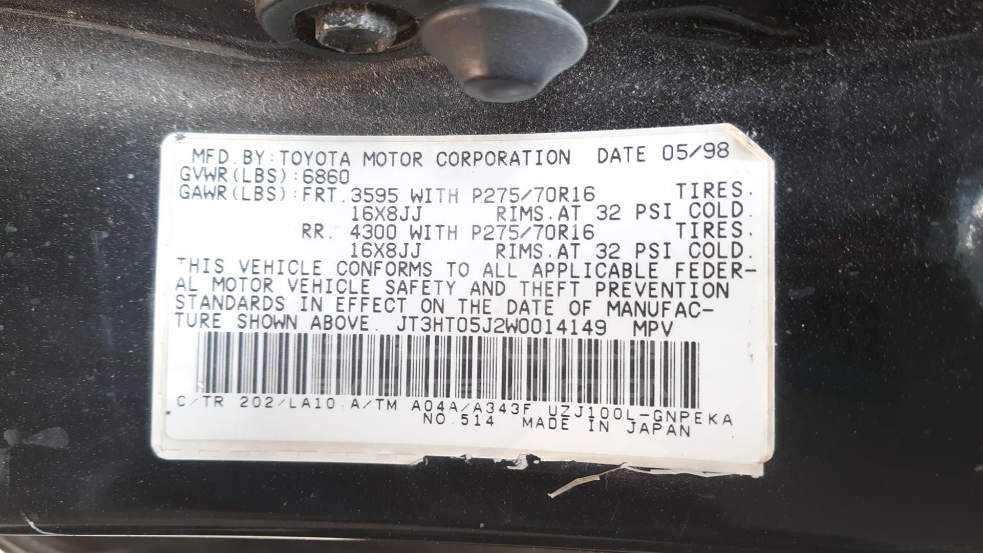 1998 TOYOTA LAND CRUISER VIN: JT3HT05J2W0014149