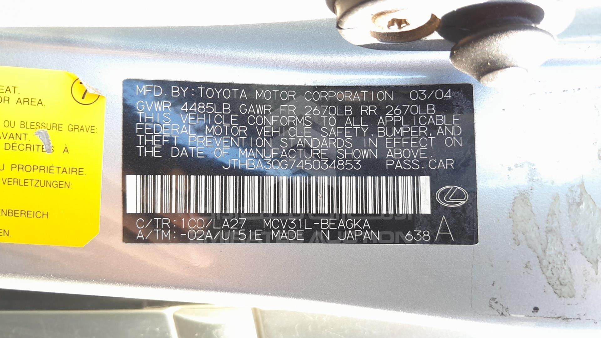 2004 LEXUS ES 330 VIN: JTHBA30G745034853