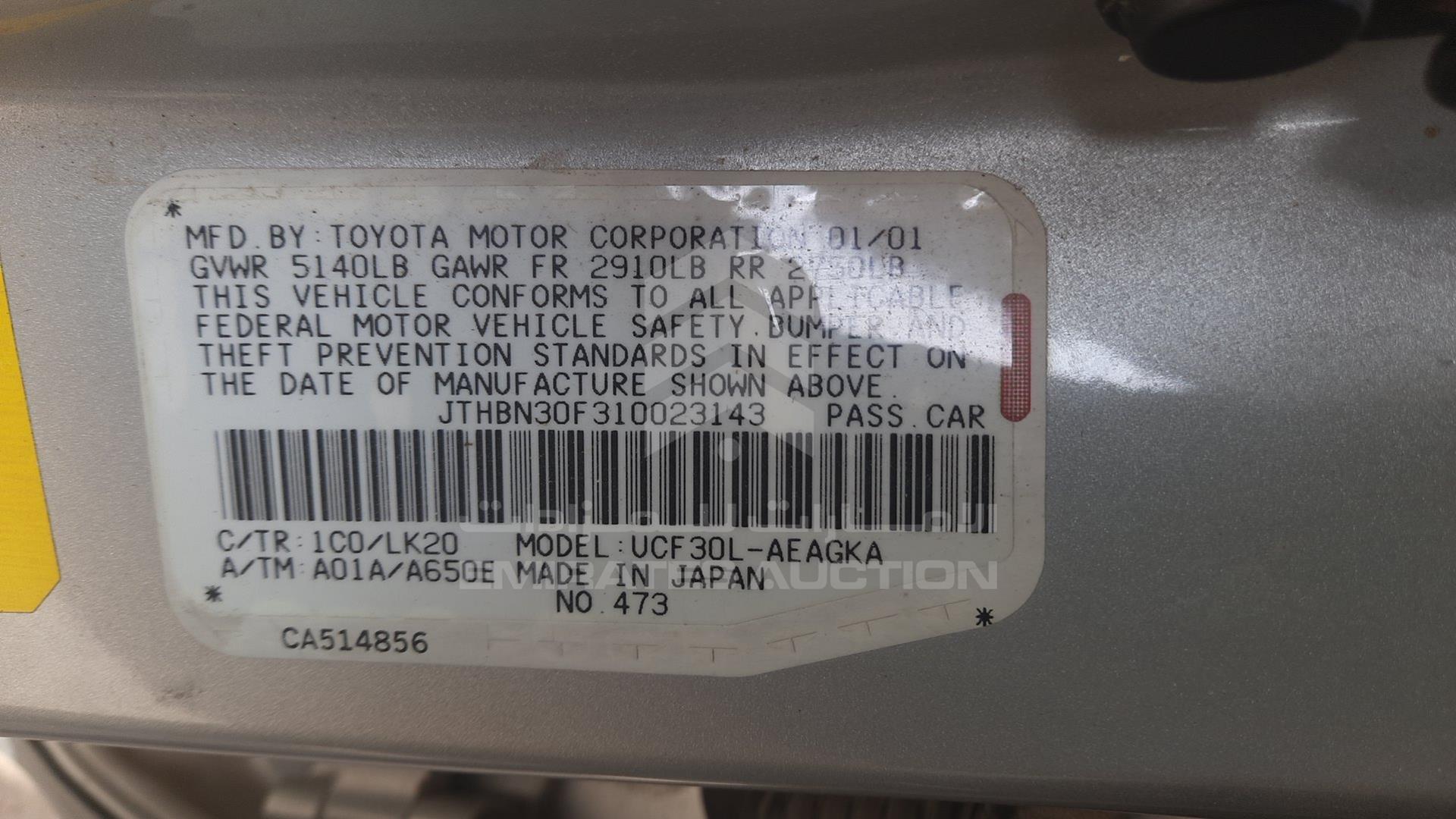 2001 LEXUS --- VIN: JTHBN30F310023143