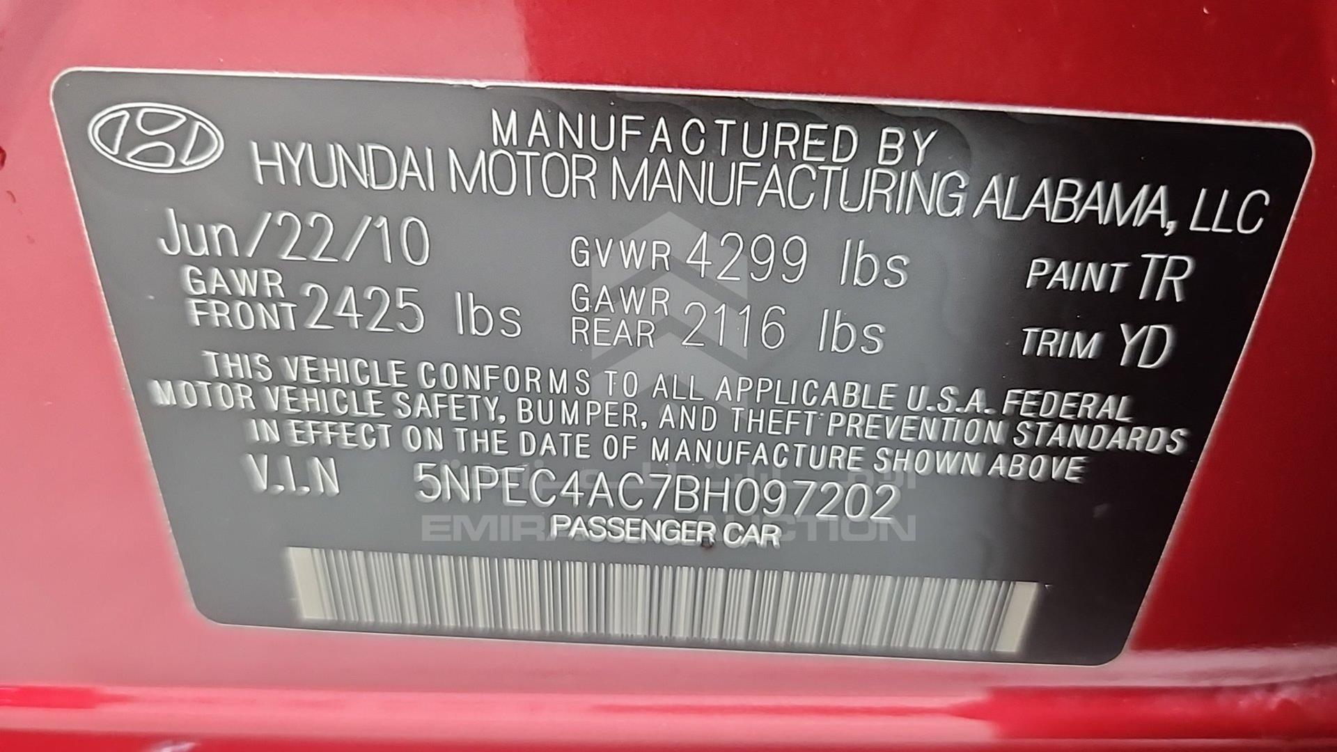 2011 HYUNDAI SONATA VIN: 5NPEC4AC7BH097202