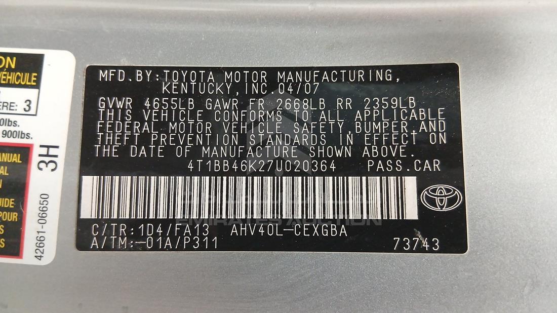 2007 Toyota Camry — VIN on Frame — Photo 2