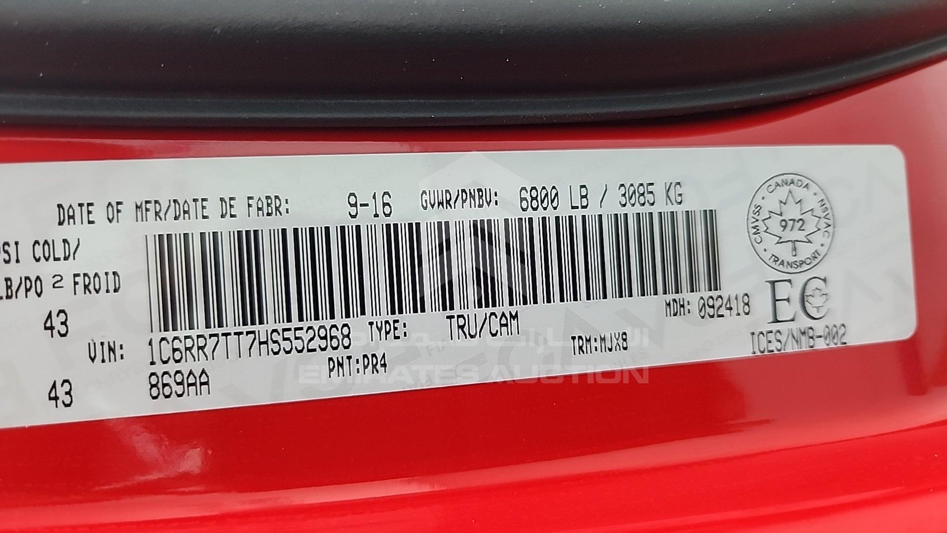 2017 DODGE RAM 1500 VIN: 1C6RR7TT7HS552968