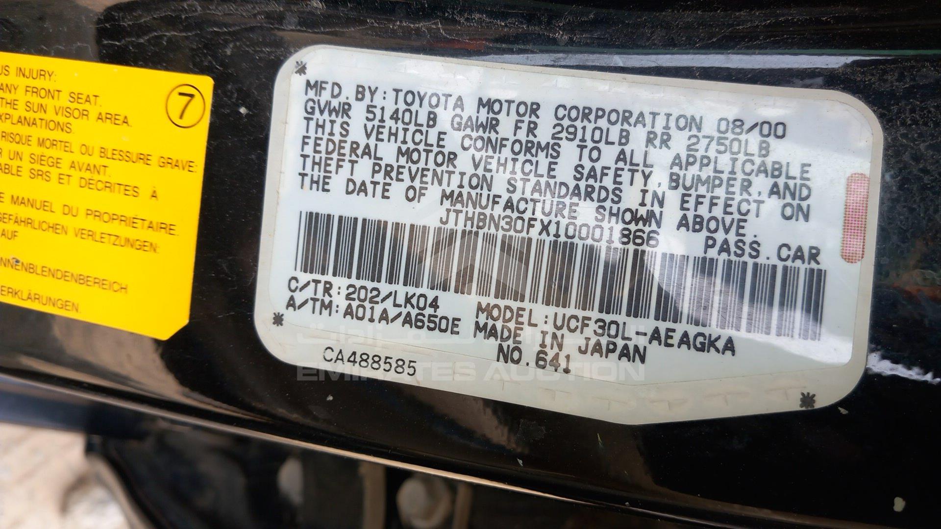 2001 LEXUS LS 430 VIN: JTHBN30FX10001866