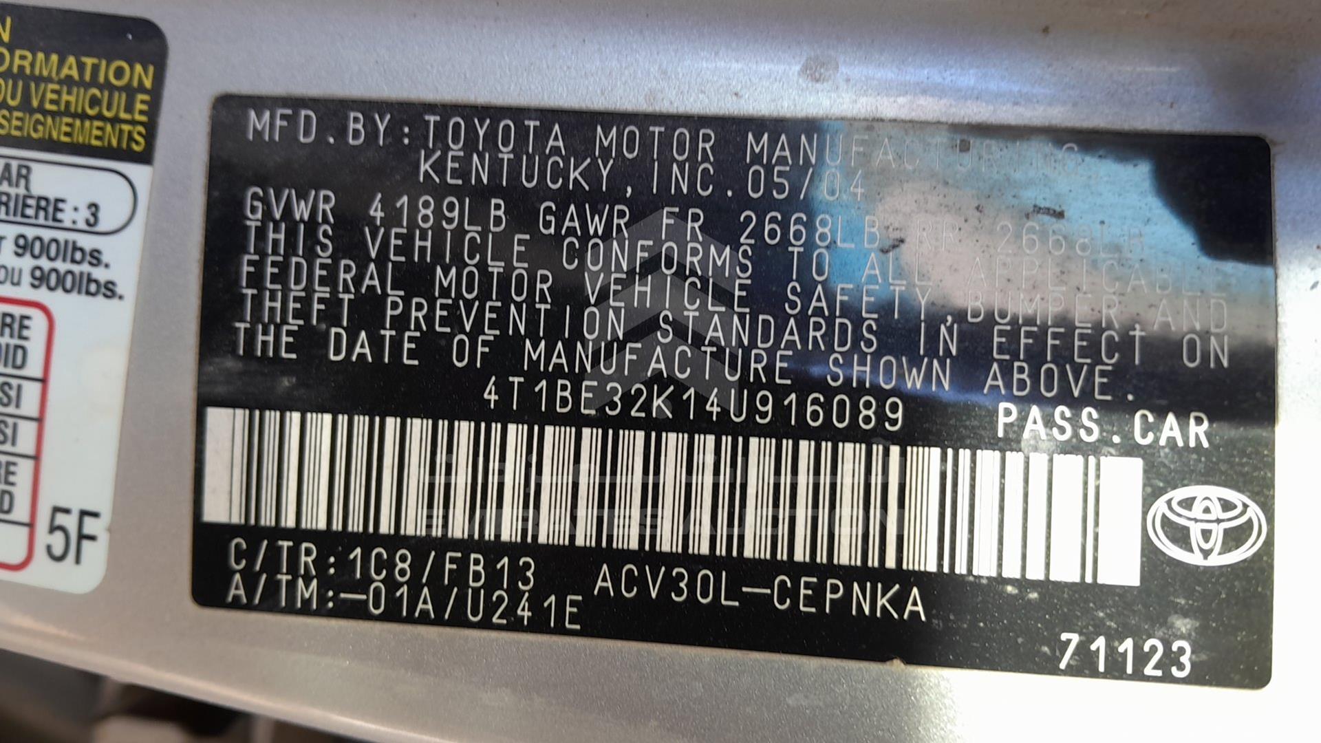 2004 TOYOTA CAMRY VIN: 4T1BE32K14U916089