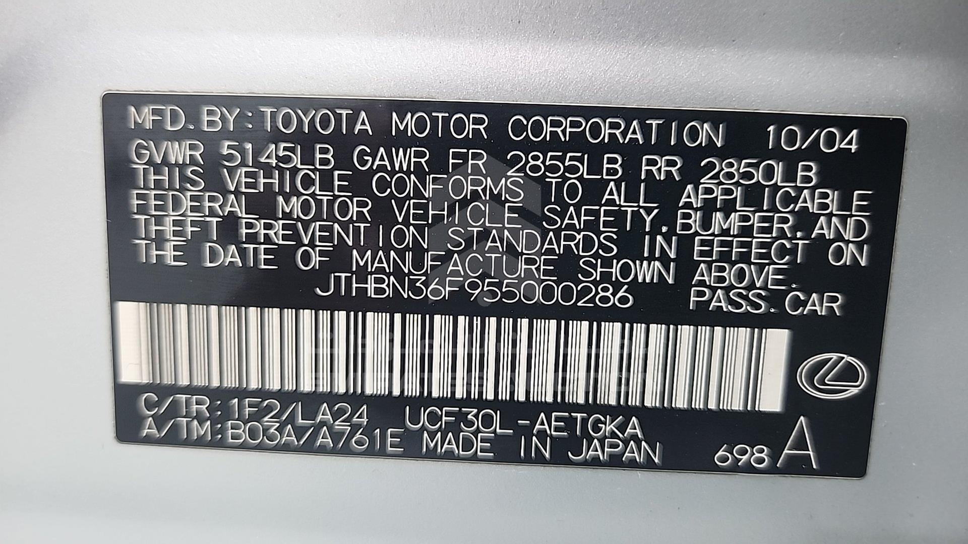 2005 LEXUS LS 430 VIN: JTHBN36F955000286