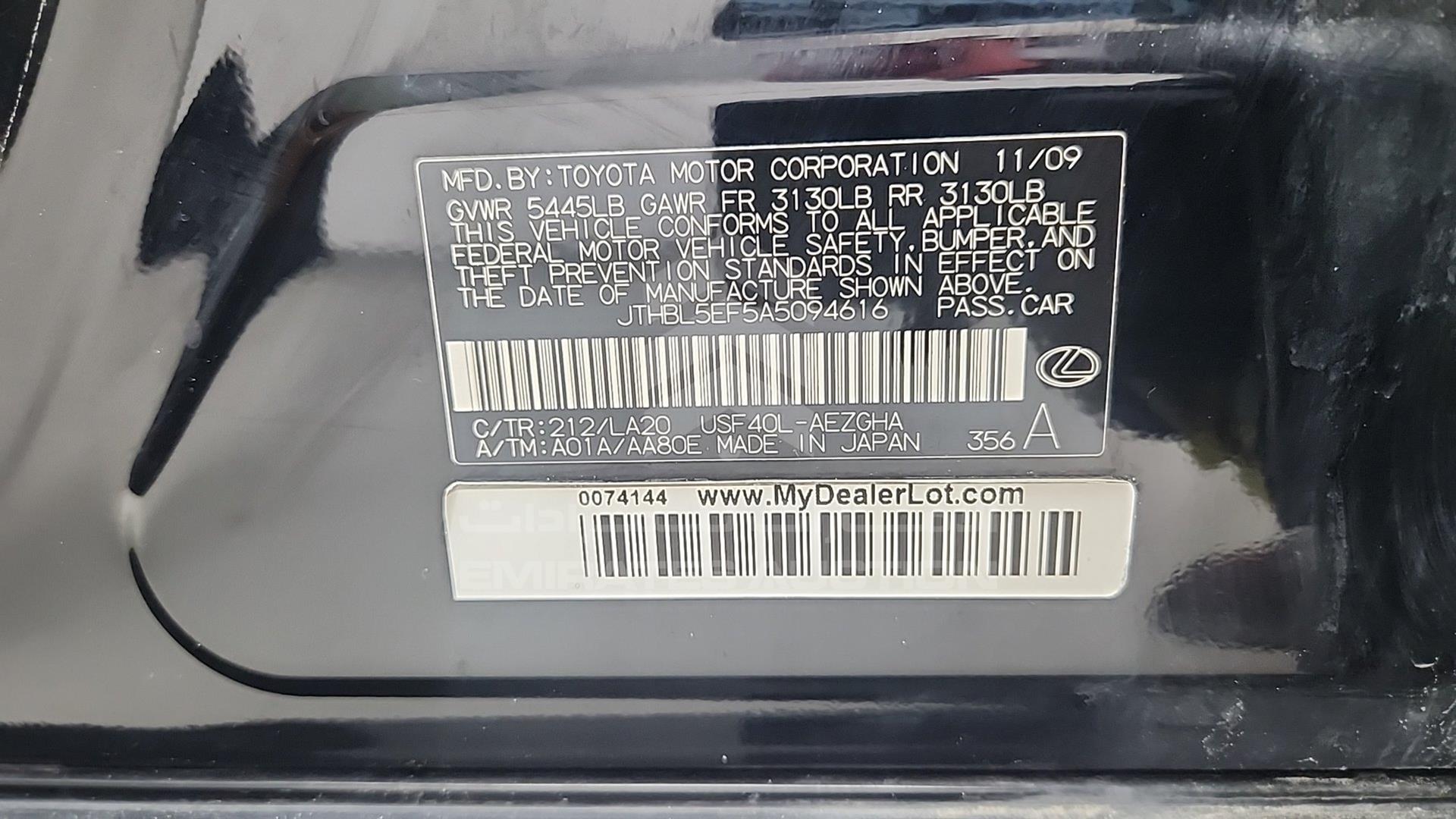 2010 LEXUS LS 460 VIN: JTHBL5EF5A5094616