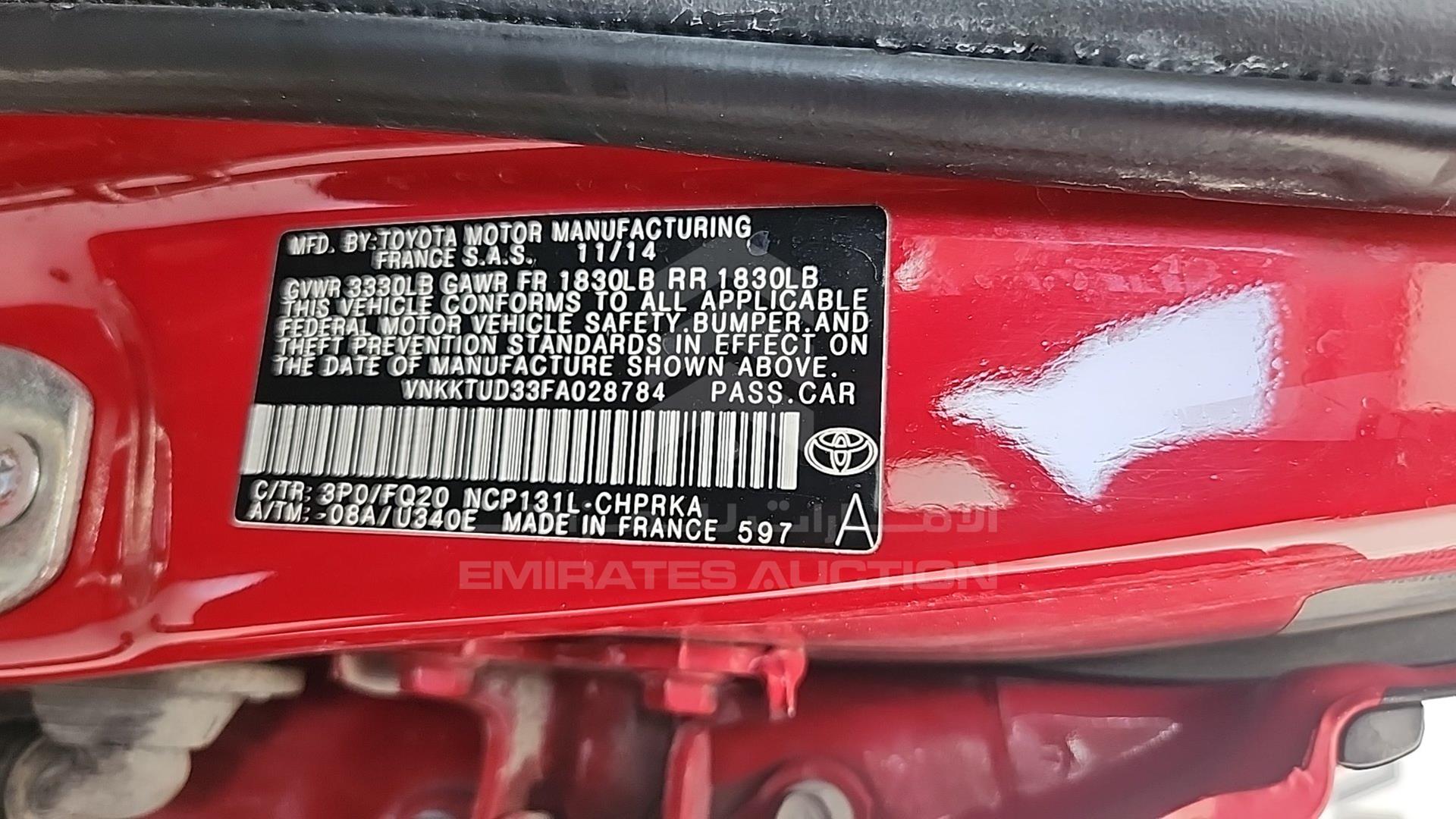 2015 TOYOTA YARIS VIN: VNKKTUD33FA028784