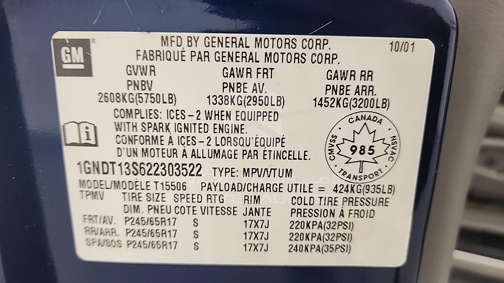 2002 CHEVROLET TRAILBLAZER VIN: 1GNDT13S622303522