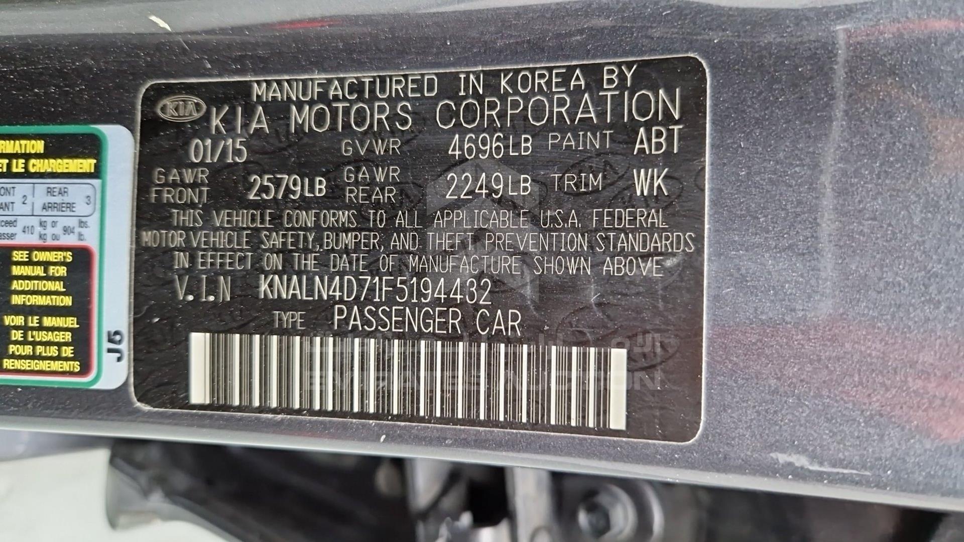 2015 KIA CADENZA VIN: KNALN4D71F5194432