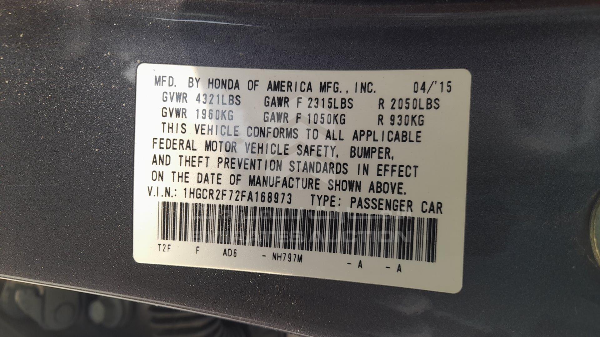 2015 HONDA ACCORD VIN: 1HGCR2F72FA168973