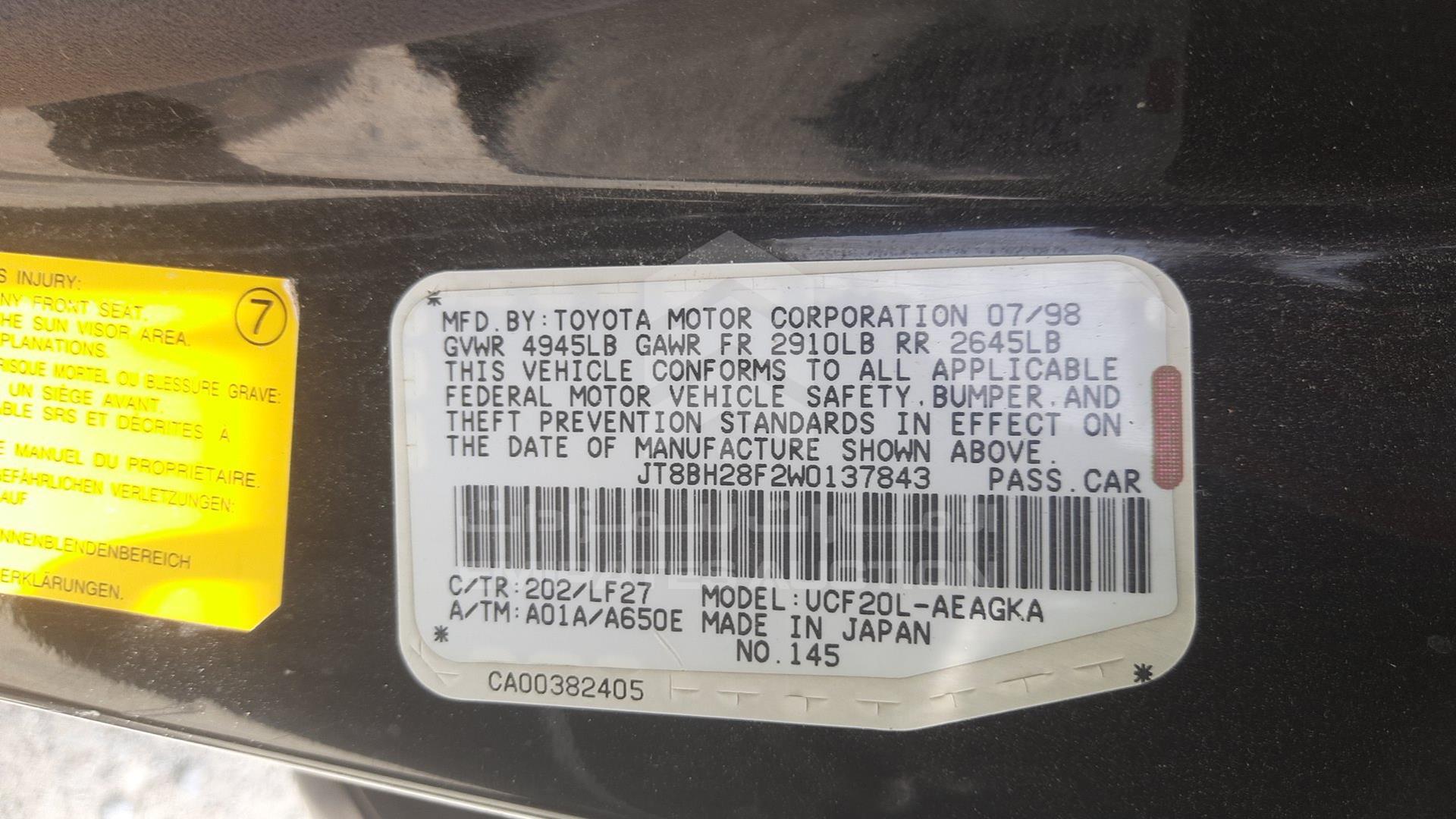 1998 LEXUS LS400 VIN: JT8BH28F2W0137843