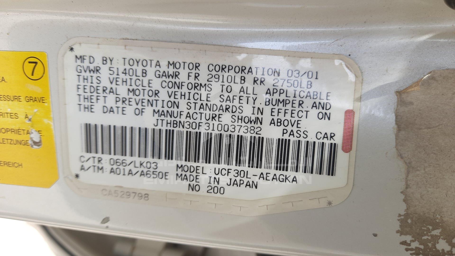 2001 LEXUS LS 430 VIN: JTHBN30F310037382