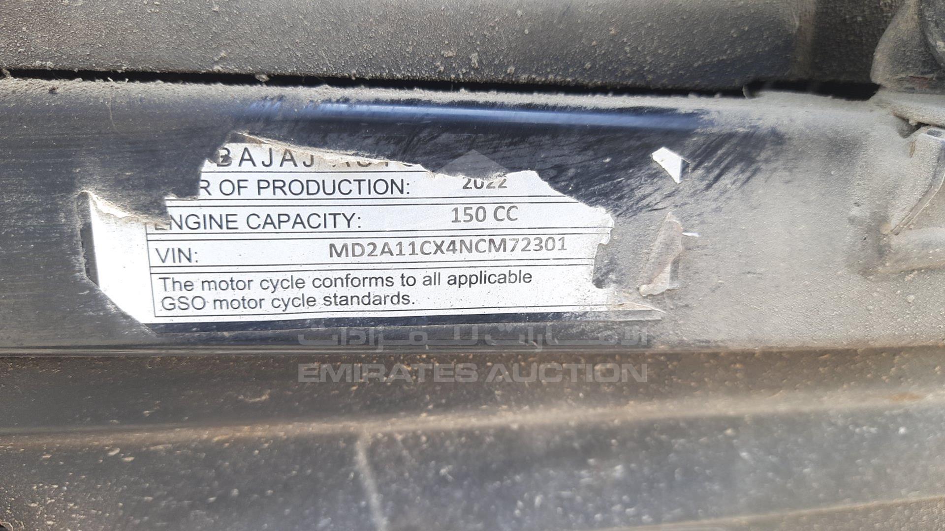 2022 BAJAJ 150 CC VIN: MD2A11CX4NCM72301