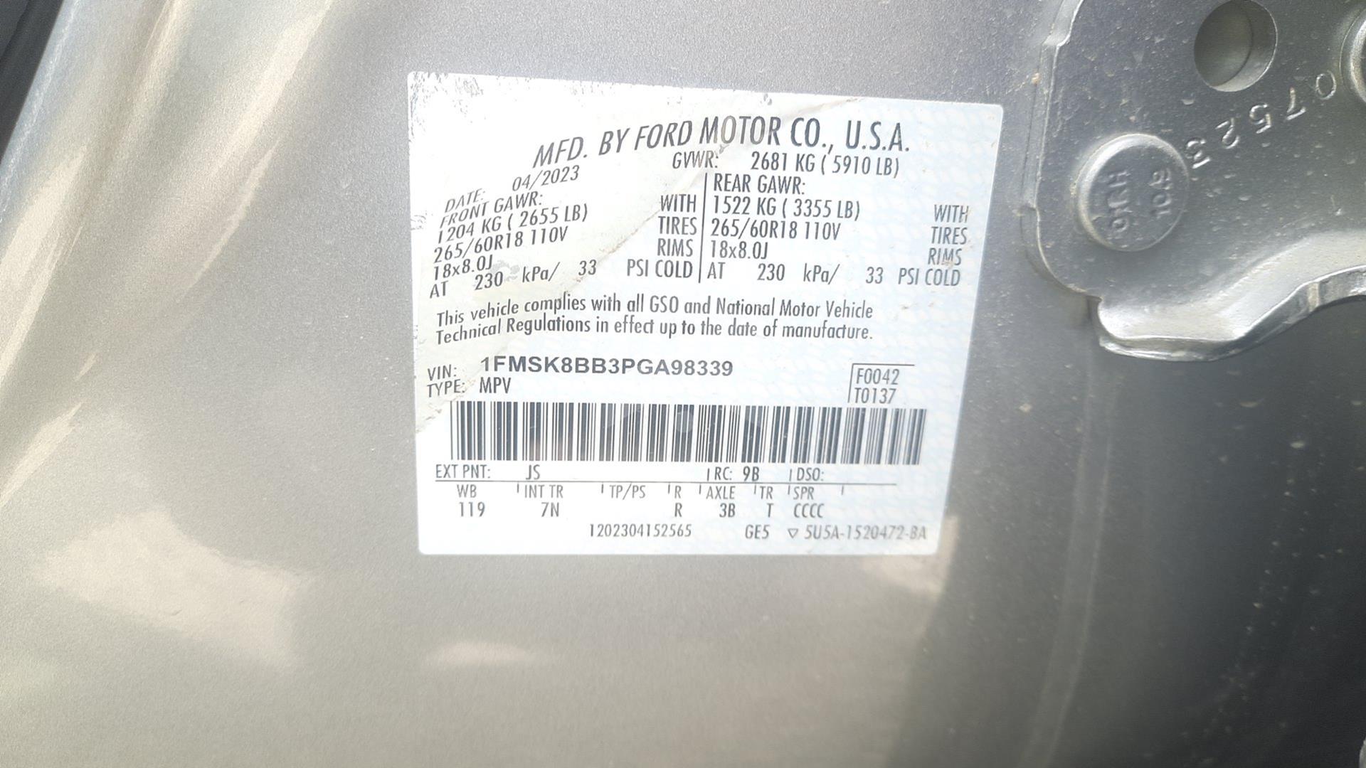 2023 FORD EXPLORER VIN: 1FMSK8BB3PGA98339