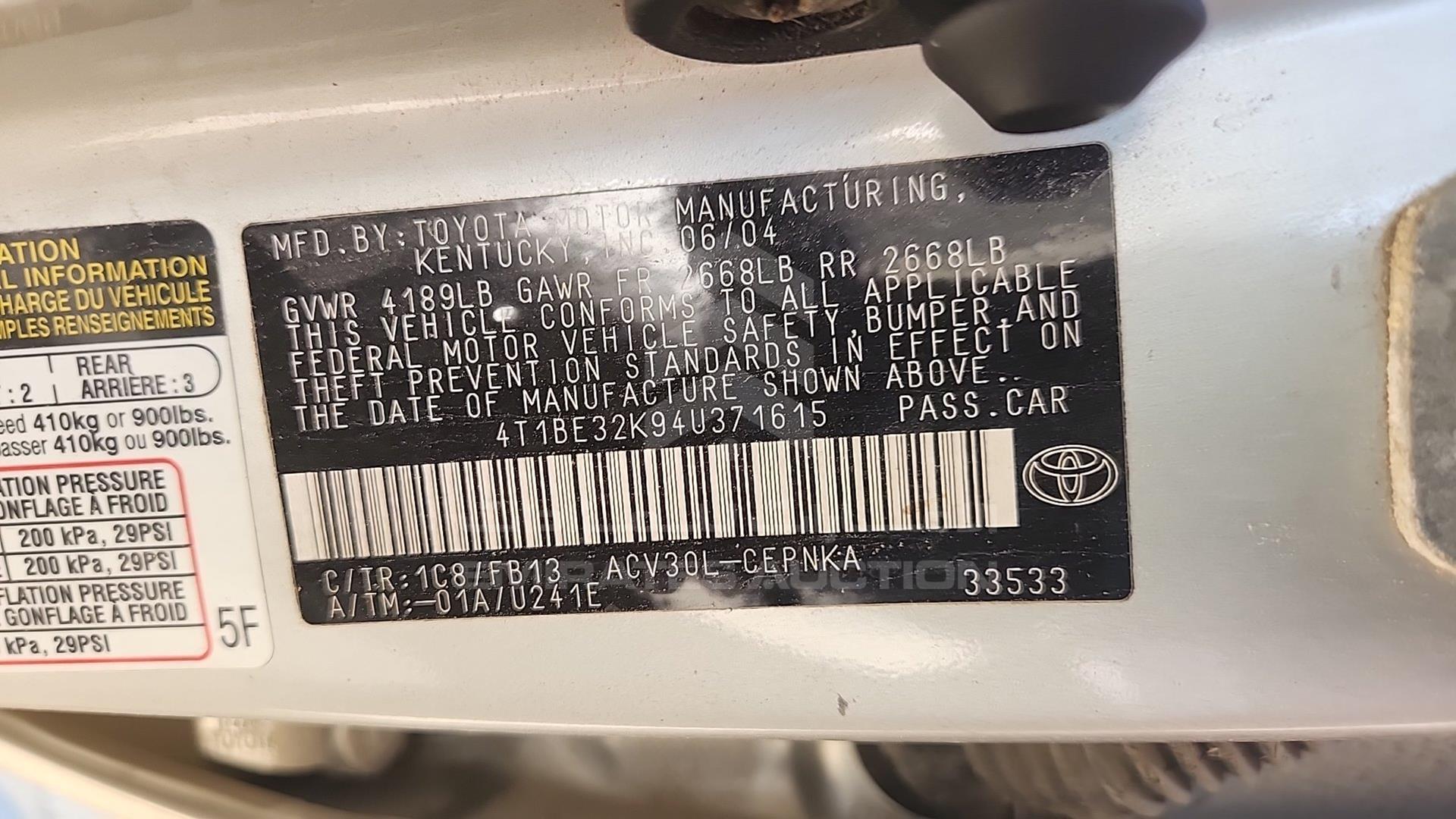 2004 TOYOTA CAMRY VIN: 4T1BE32K94U371615