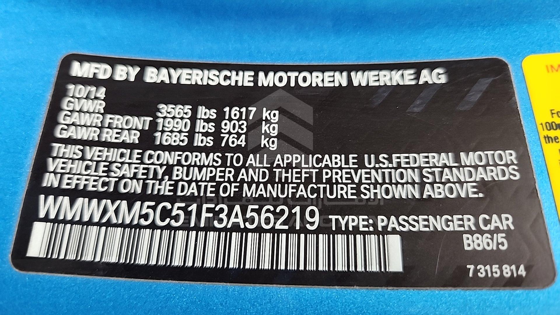 2015 MINI COOPER VIN: WMMXM5C51F3A56219
