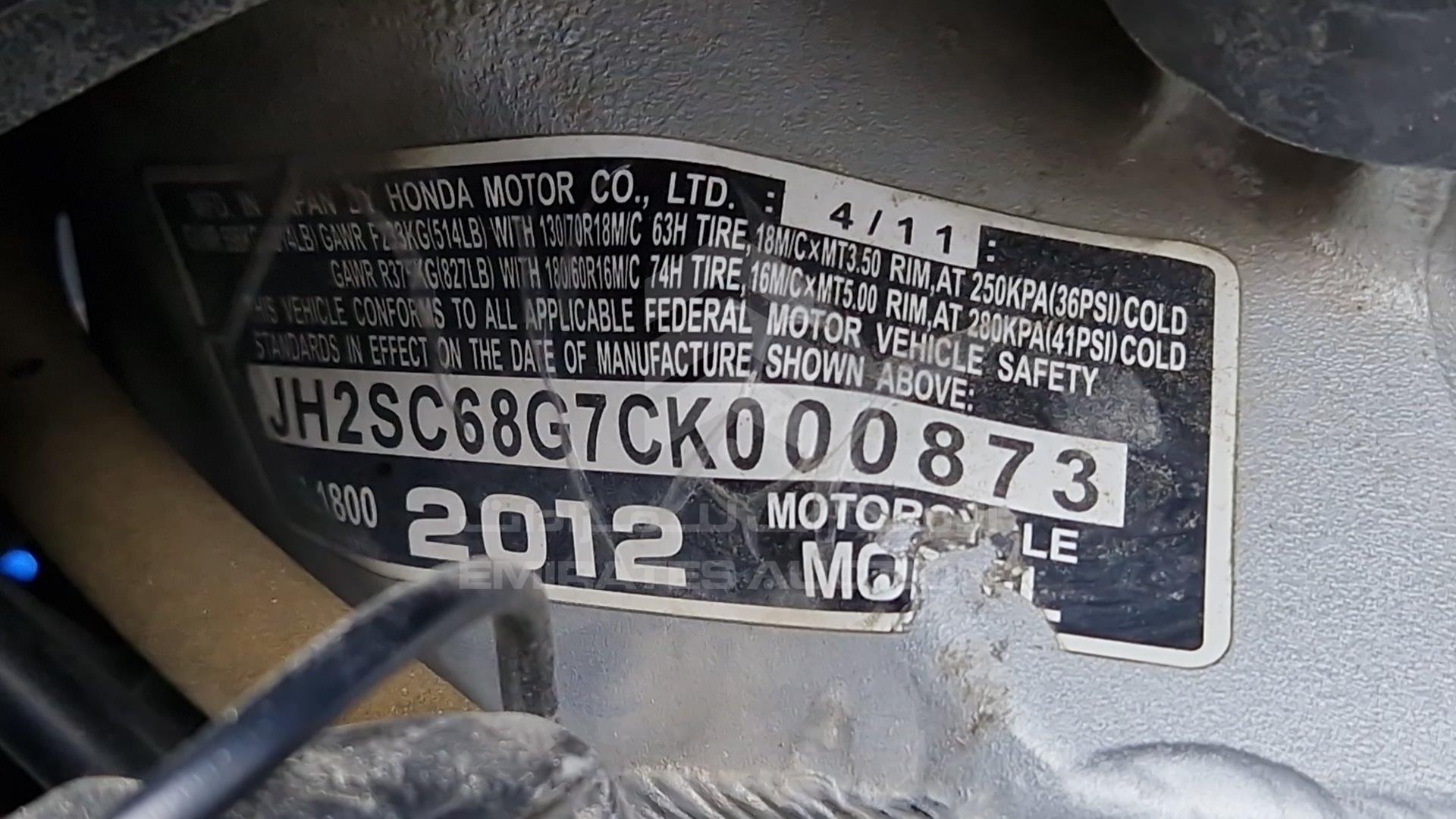 2012 HONDA GL 1800 VIN: JH2SC68G7CK000873