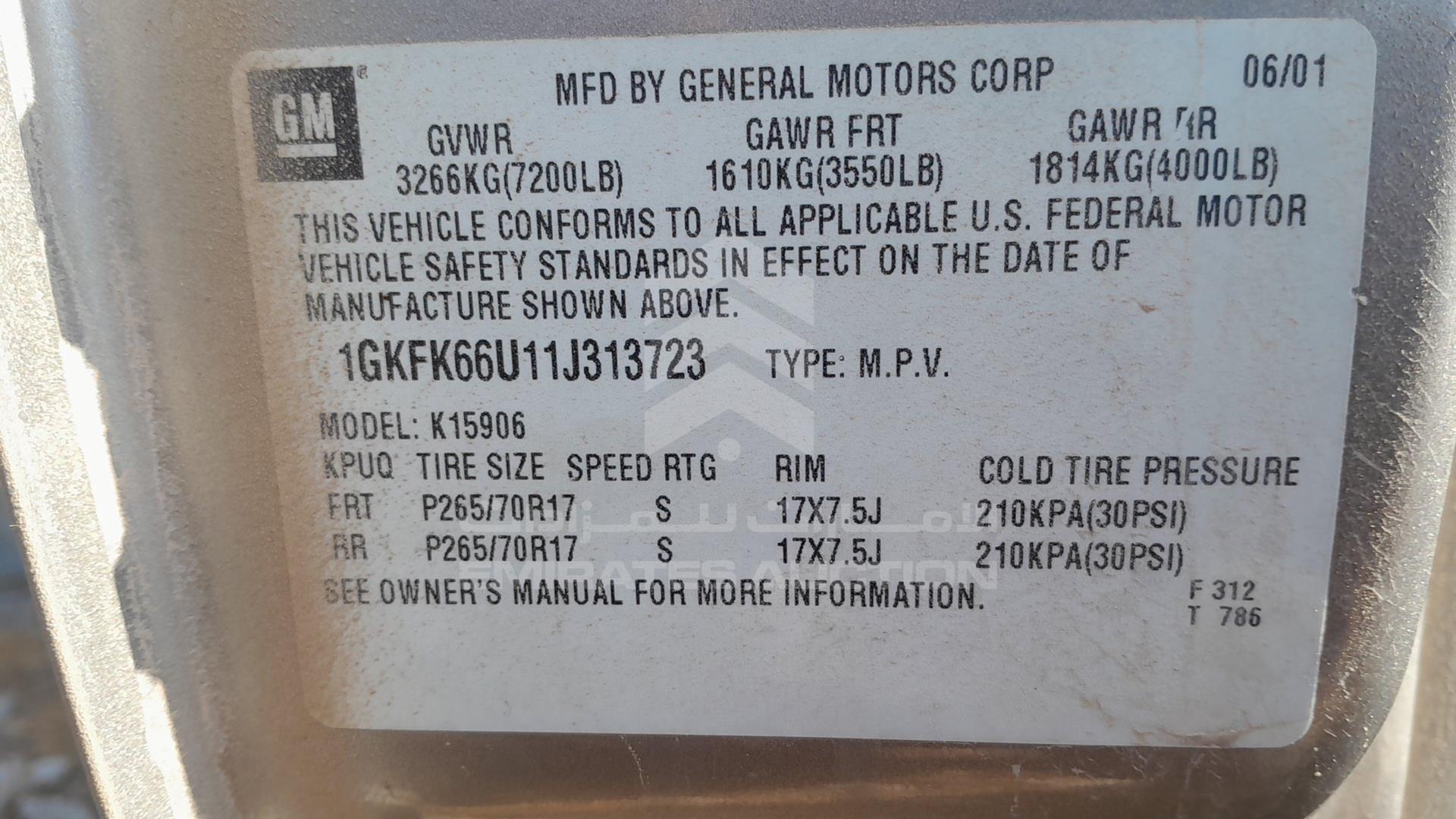 2001 GMC YUKON VIN: 1GKFK66U11J313723