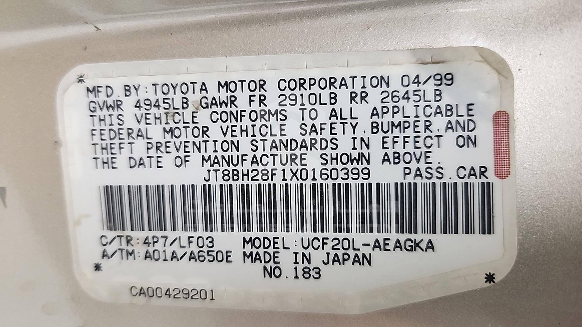 1999 LEXUS LS400 VIN: JT8BH28F1X0160399