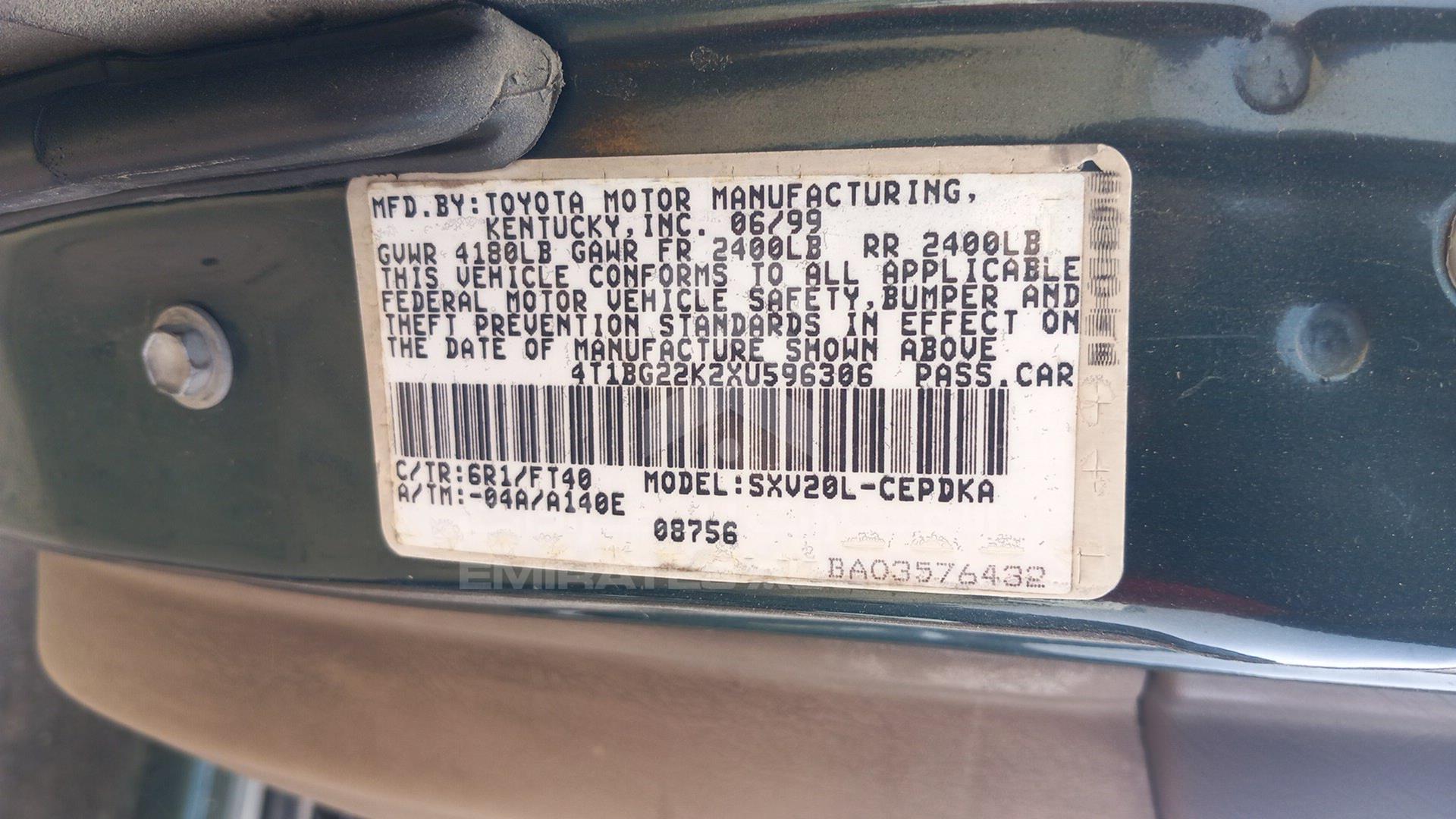 1999 TOYOTA CAMRY VIN: 4T1BG22K2XU596306