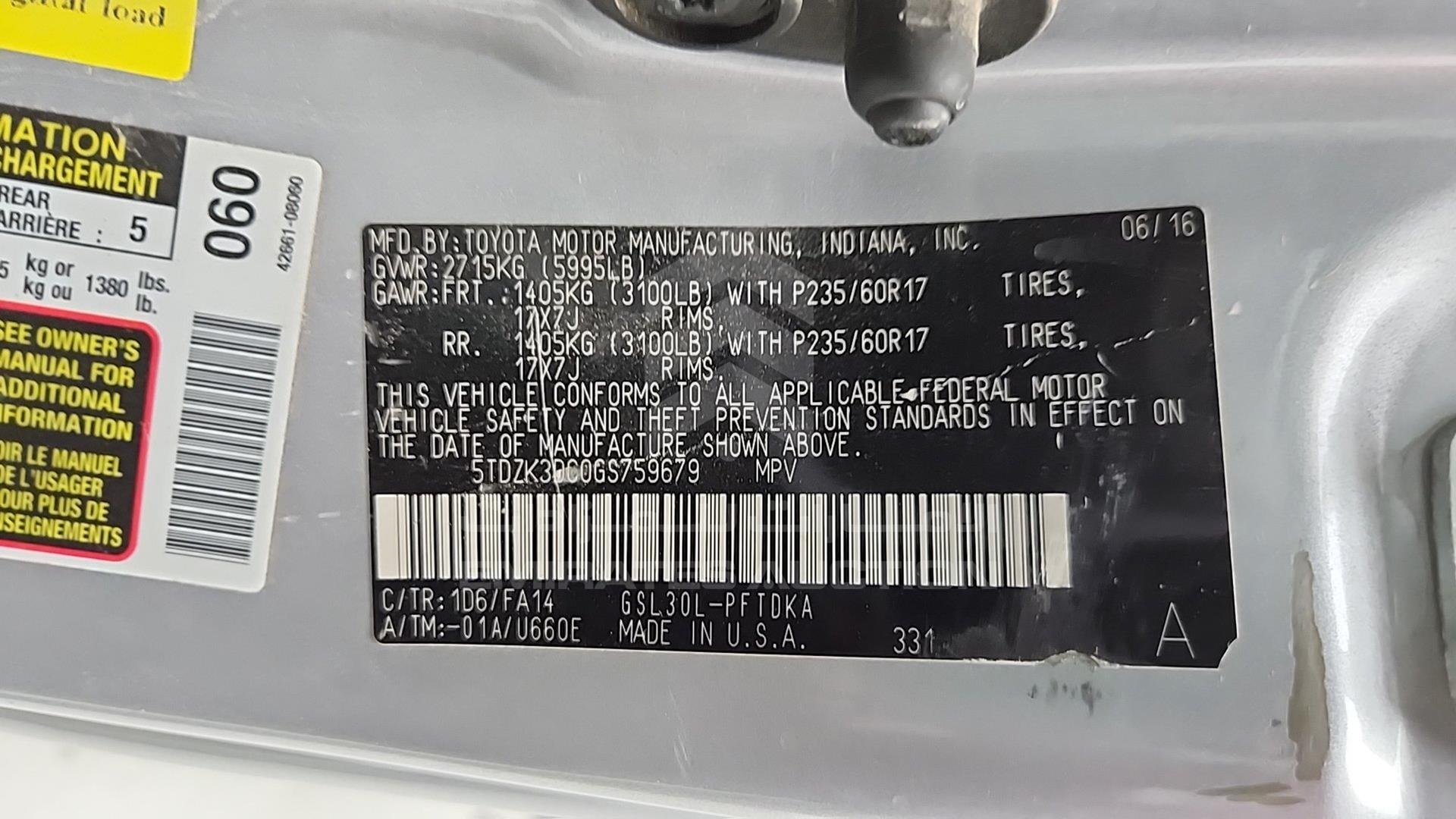 2016 TOYOTA SIENNA VIN: 5TDZK3DC0GS759679